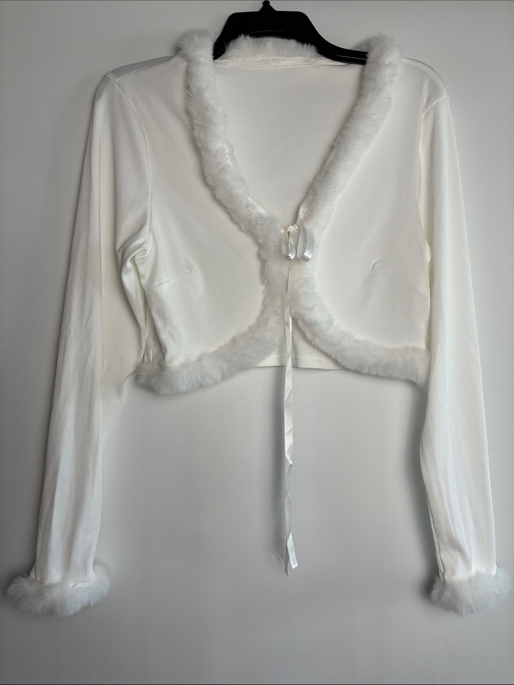 White Faux Fur Trim Long Sleeve Shrug - Women’s Bolero